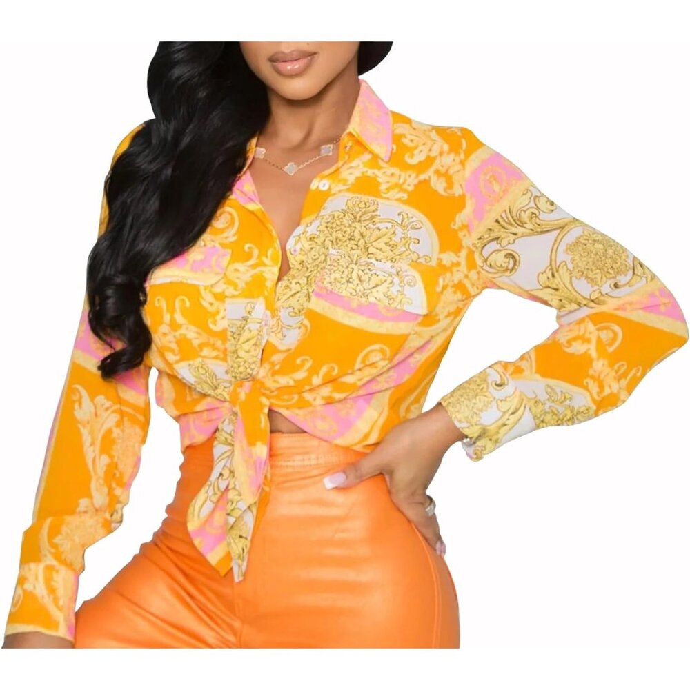 Women Yellow Button Down Shirts Colorful Long Sleeve Floral Print Top